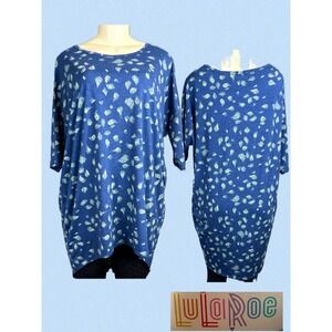LuLaRoe Irma Tunic Top Half Sleeve Blue Green Leaf Print Crew  High Step-Hem L